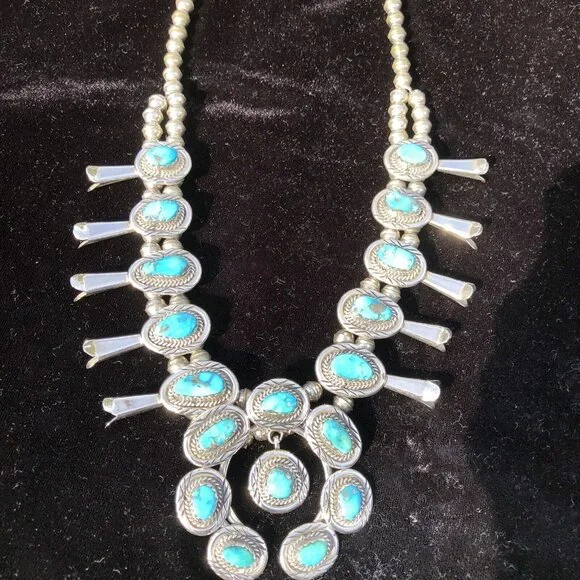 Vintage Sterling Silver Navajo Kingman Turquoise Squash Blossom Necklace Jewelry - Picture 3 of 16